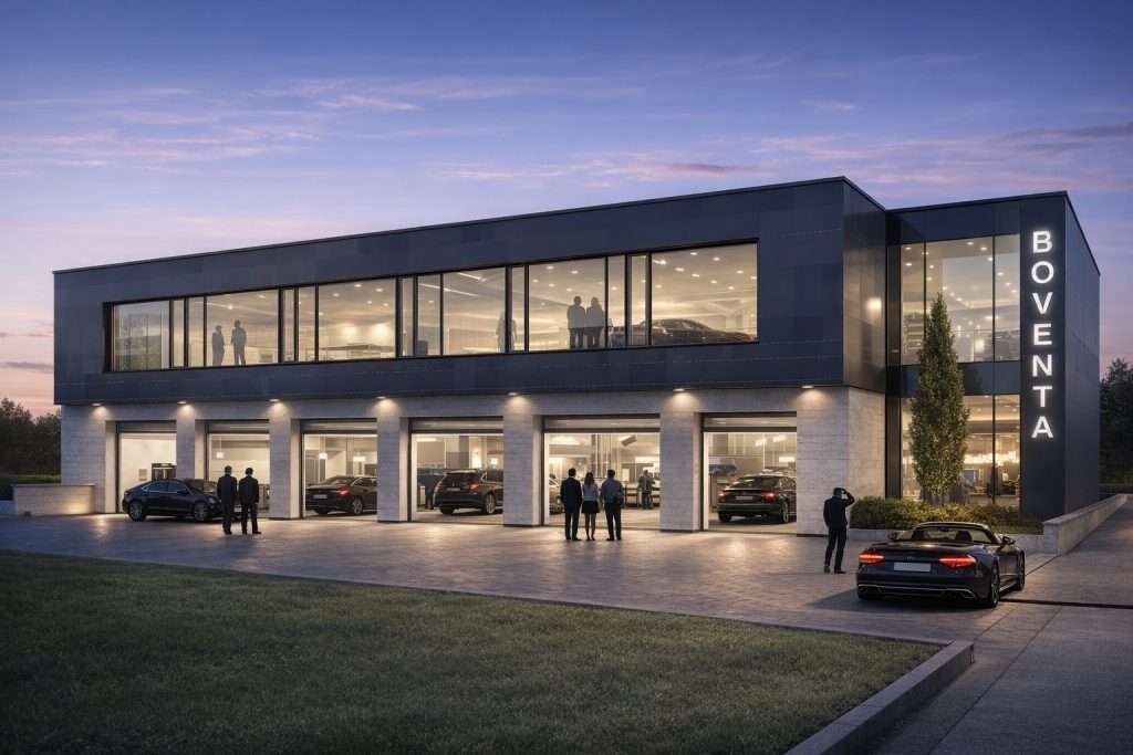 Abendliche Visualisierung des Autohaus-Neubaus: heller Sockel mit fünf verglasten Toren, dunkel verkleidetes Obergeschoss mit langem Fensterband und Fahrzeuge auf der beleuchteten Hoffläche